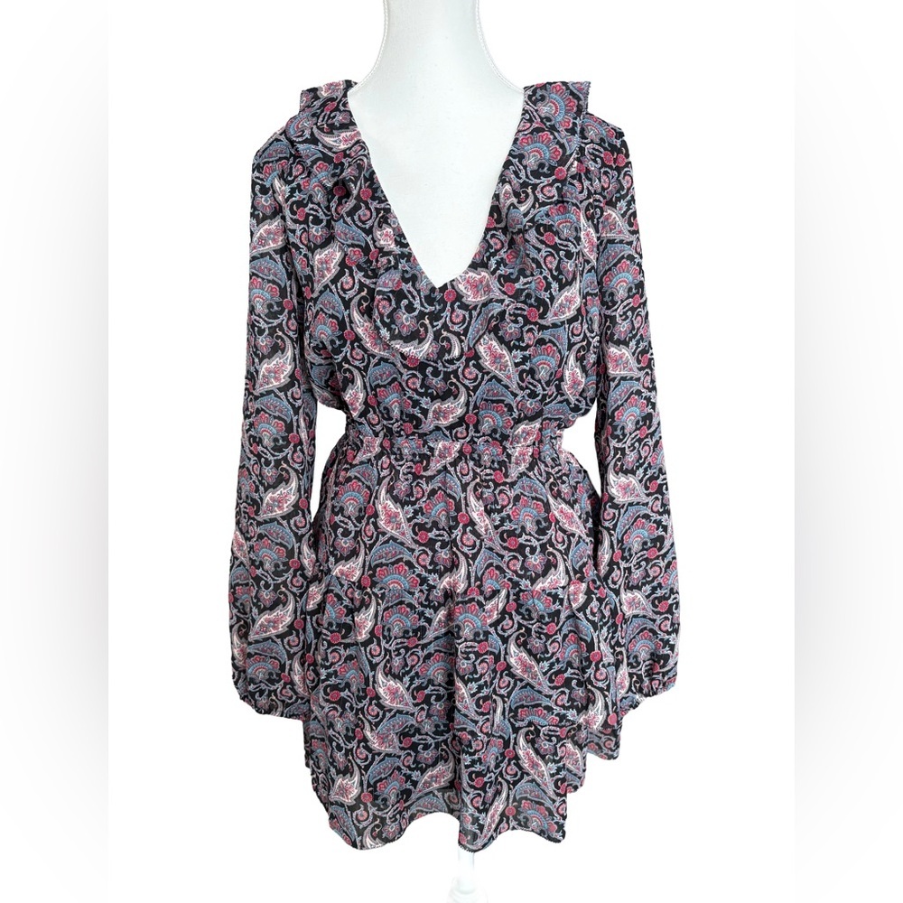 Little Moon Paisley Ruffle Mini Dress Size S Boho Long Sleeve Aritzia - Picture 2 of 6